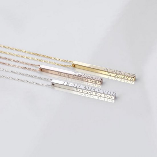Engraved  3D long bar necklace in sterling silver with rose gold plating 